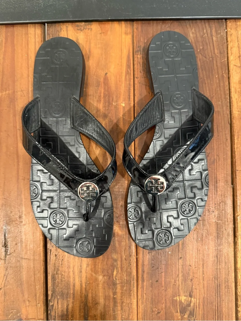Tory Burch Black Patent Logo Thong Sandals